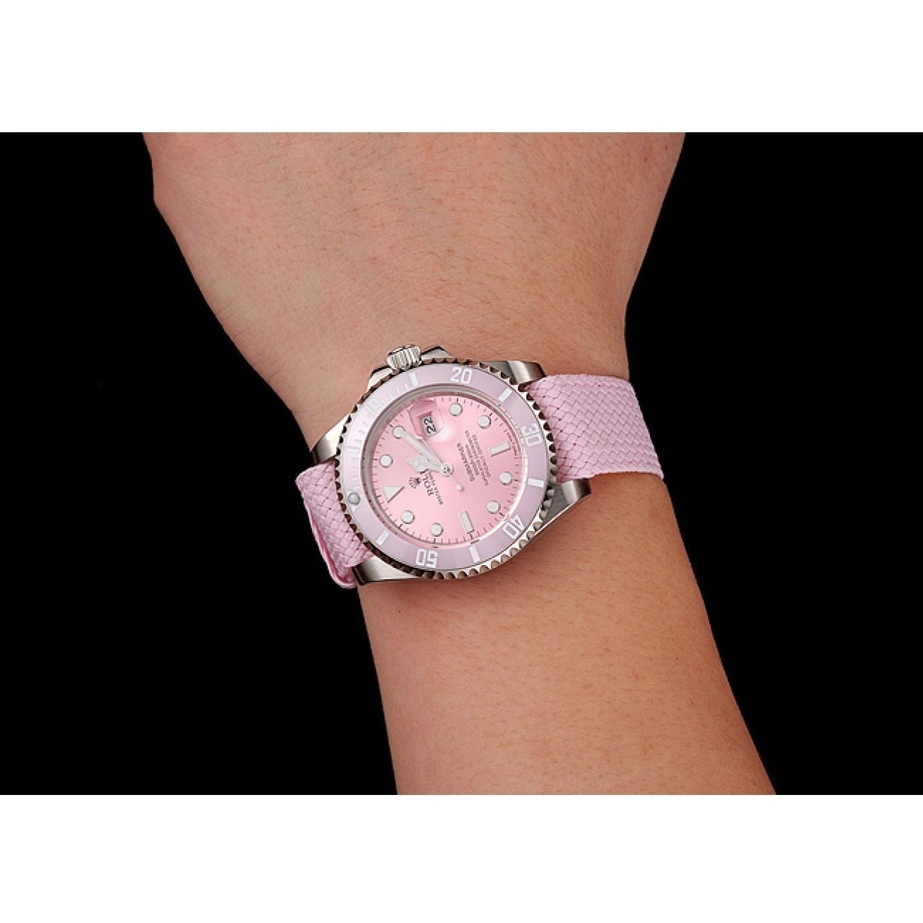 Aaa fake watches Submariner Bracelet Fabric Pink 1453866 Bezel Pink Rolex Dial Pink 0518